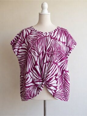 Chico’s Purple Tropical Leaf Print Top Size 2 - L Front Knot Cotton